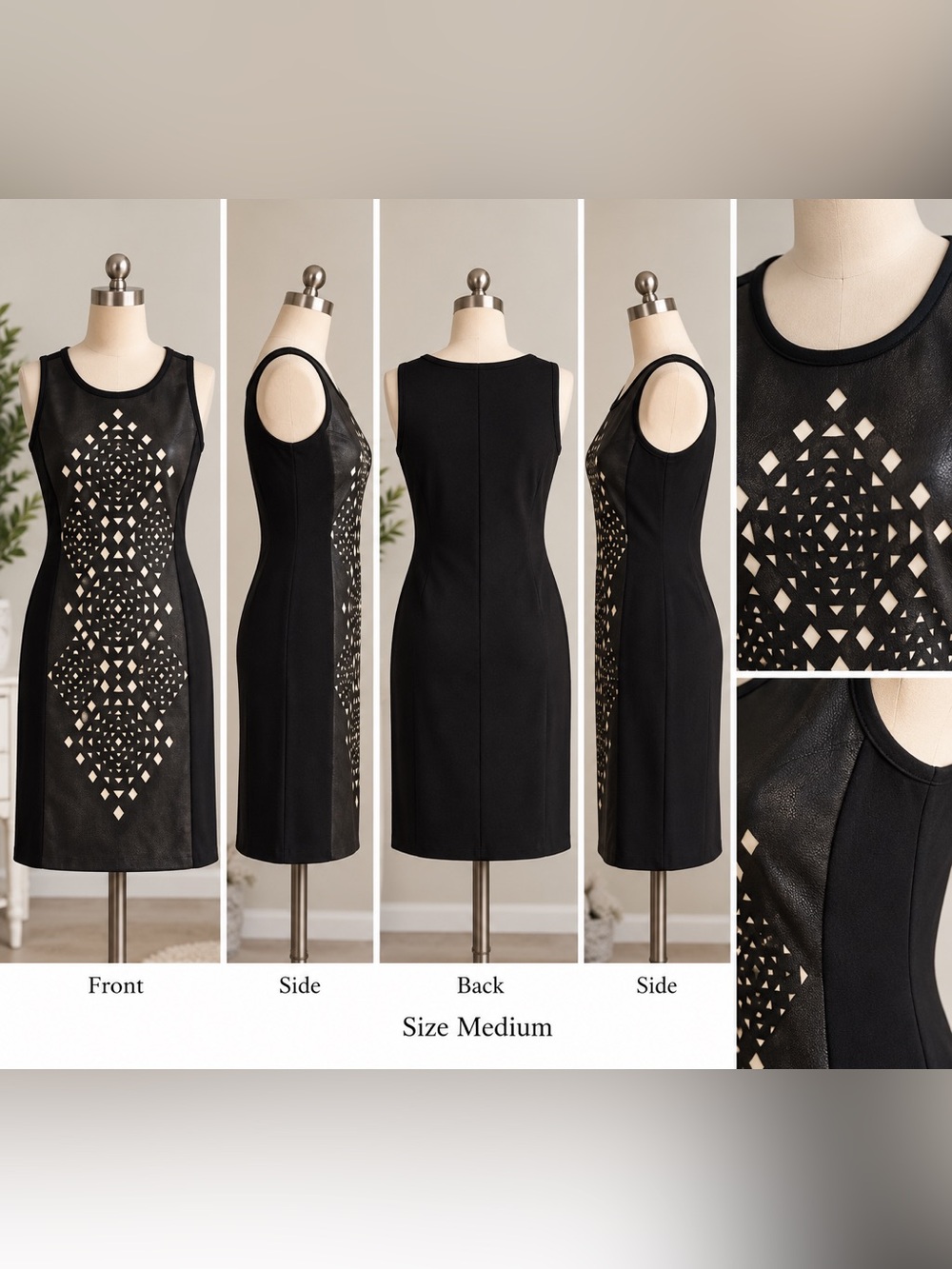 Karen Kane Black Sleeveless Sheath Dress with Laser-Cut faux leather